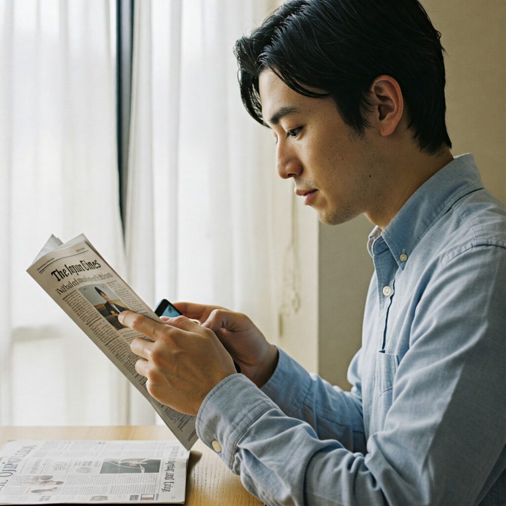 ジャパンタイムズを読む男性